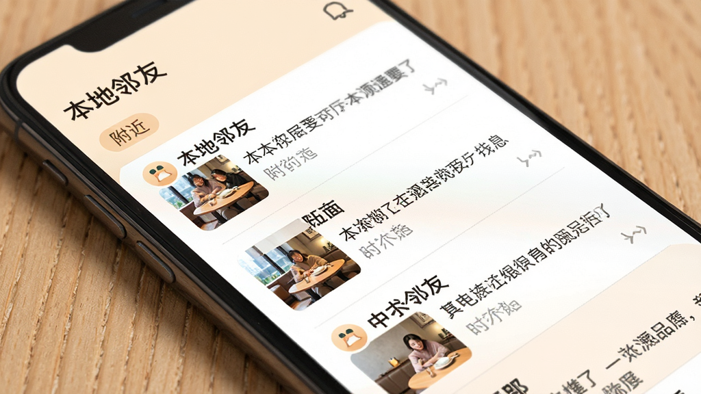 手机屏幕显示信息流列表,每条动态配有小图和文字,顶部写