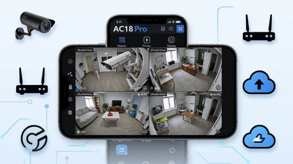 ����Ϊһ�������ֻ�����Ļ����չʾAC18Pro��������Ķ�·��ƵԤ�����棬�Ĺ�������ʾ��ͬ�Ƕȵ�����ͷʵʱͼ���ֻ���Χ�������������·�������ƴ洢ͼ���Ԫ�أ����ֲ��þ��жԳƹ�ͼ������Ϊǳ��ɫ����Ƽ����ϸ�ڰ�������ͼ�������������Ӱ�����������ɾ����޶���Ԫ��