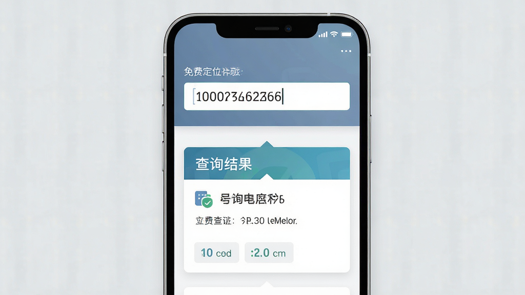 手机号免费实时定位号码查询功能展示图,画面中一部手机屏幕显示输入框内已填入手机号码,下方出现查询结果卡片,背景为淡灰色,风格商务简洁,画质清晰,无多余元素