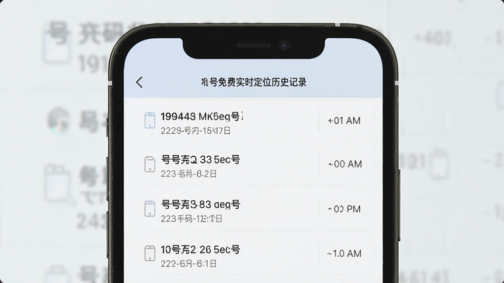 手机号免费实时定位历史记录页面,手机屏幕显示查询记录列表,每条记录包含号码与时间信息,界面整洁有序,风格清爽浅色,画质清晰,无多余元素
