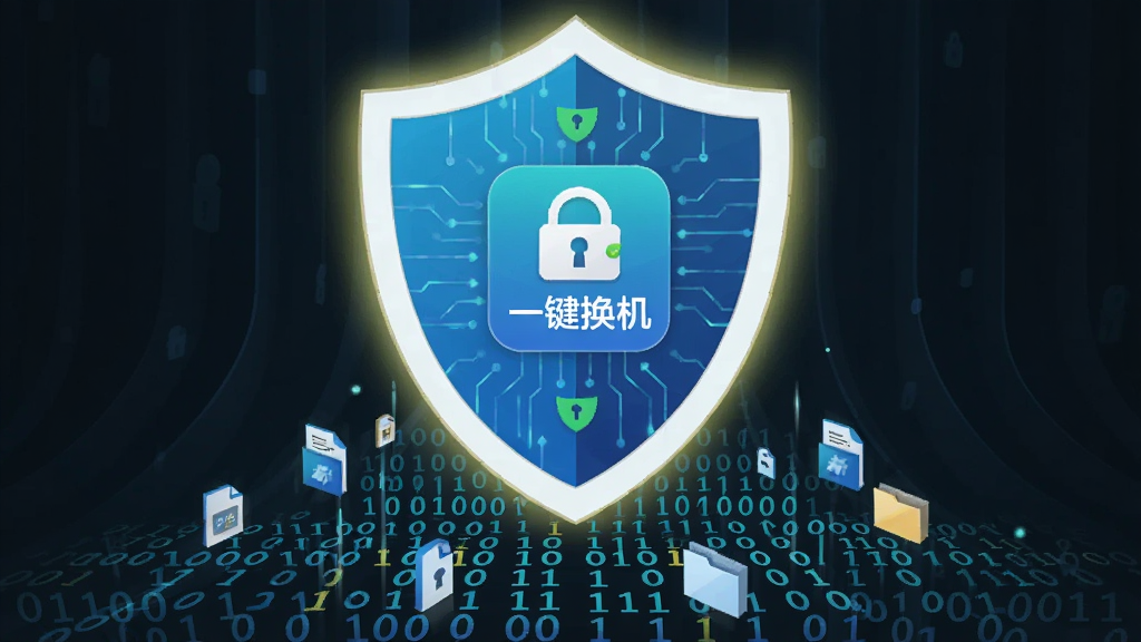 画面主体为一把发光的盾牌悬浮在数据流上方,盾牌表面印有
