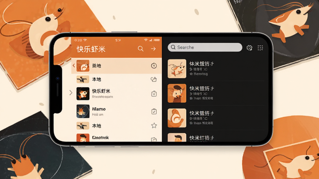 一部手机横放在桌面上,屏幕显示“快乐虾米”本地音乐列表与在线搜索双栏界面,左侧为本地歌曲列表,右侧为在线搜索结果;布局为左右分栏,手机周围散落几张专辑封面卡片;风格为现代扁平插画,色调以暖橙和米白为主;细节上列表条目清晰、封面图案简洁;画质清晰,画面干净无杂乱元素