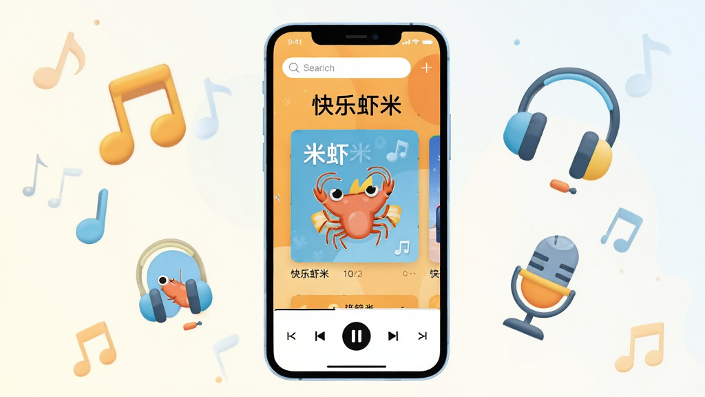 画面主体是一部竖屏智能手机,屏幕中央显示“快乐虾米”音乐播放界面,顶部有搜索框和歌单封面,底部为播放控制栏;布局采用居中对称构图,手机两侧漂浮着音符、耳机、麦克风等音乐元素图标;排版简洁明快,风格为扁平化插画风,配色以橙黄与浅蓝为主;细节上屏幕内文字清晰可辨,图标圆润统一,背景为浅色渐变;画质高清,干净无多余元素