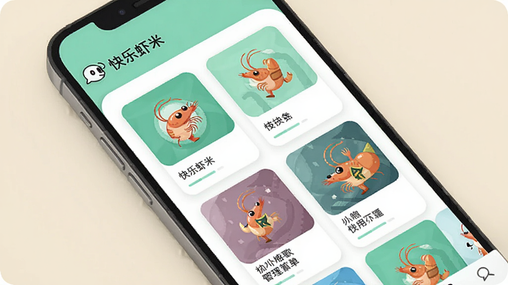 手机屏幕展示“快乐虾米”歌单管理页面,多个歌单卡片以网格形式排列,每张卡片带有不同封面和歌单名称;布局为网格排版,手机斜放在浅色背景上;风格为清新简约插画,配色以薄荷绿与白色为主;细节上卡片圆角统一、封面图案各具特色;画质清晰,画面整洁无多余元素