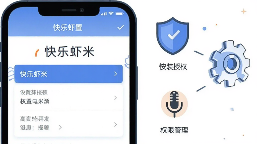 一部手机屏幕显示“快乐虾米”设置页面,旁边配有盾牌、齿轮、麦克风权限图标,示意安装授权与权限管理;布局为手机居中偏左,图标环绕右侧;风格为扁平信息图插画,配色以蓝白为主、橙色点缀;细节上图标线条简洁、文字标签清晰;画质干净,无多余元素