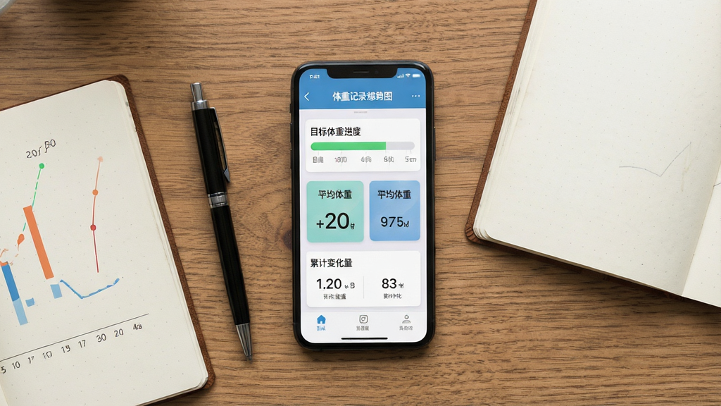 一部平放在木质桌面上的智能手机,屏幕显示“体重记录趋势图”应用的统计页面,页面中包含目标体重进度条、平均体重数值卡片与累计变化量数据,手机旁边放置一支笔和一本打开的笔记本,布局为手机居中俯拍视角,风格为简约办公桌面摄影,细节包含木纹桌面、手机界面UI元素、笔记本纸张质感,画质清晰,干净,无多余元素