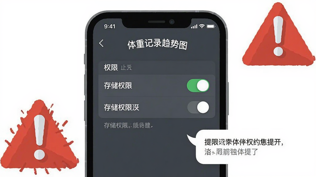 一部手机屏幕显示“体重记录趋势图”应用的权限设置界面,界面中包含存储权限开关与提示文字,手机旁边放置一个红色感叹号警示图标,布局为手机居中、警示图标位于右上角,风格为扁平化信息提示插画,细节包含权限列表条目、开关按钮、提示气泡,画质清晰,干净,无多余元素