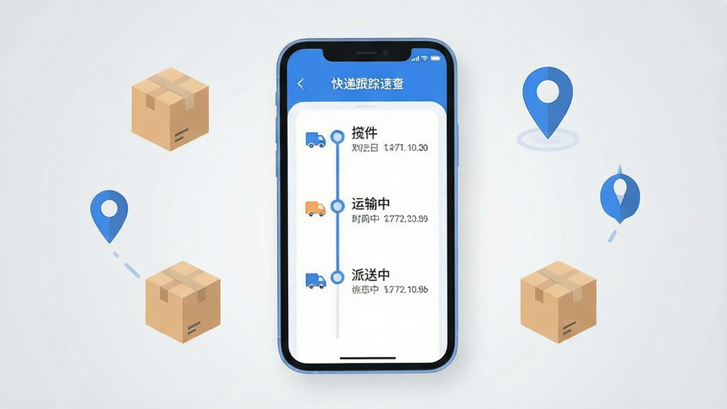 一张手机屏幕展示快递跟踪速查应用界面的场景图,画面中央是手机正视图,屏幕上显示包裹物流时间轴列表,包含揽件、运输中、派送中等状态节点,手机周围散落几个简约的纸箱包裹图标和定位标记,布局简洁居中,风格为扁平化现代科技风,细节上手机边框圆润、界面配色以蓝白为主,背景为浅灰色渐变,画质清晰干净,无多余元素