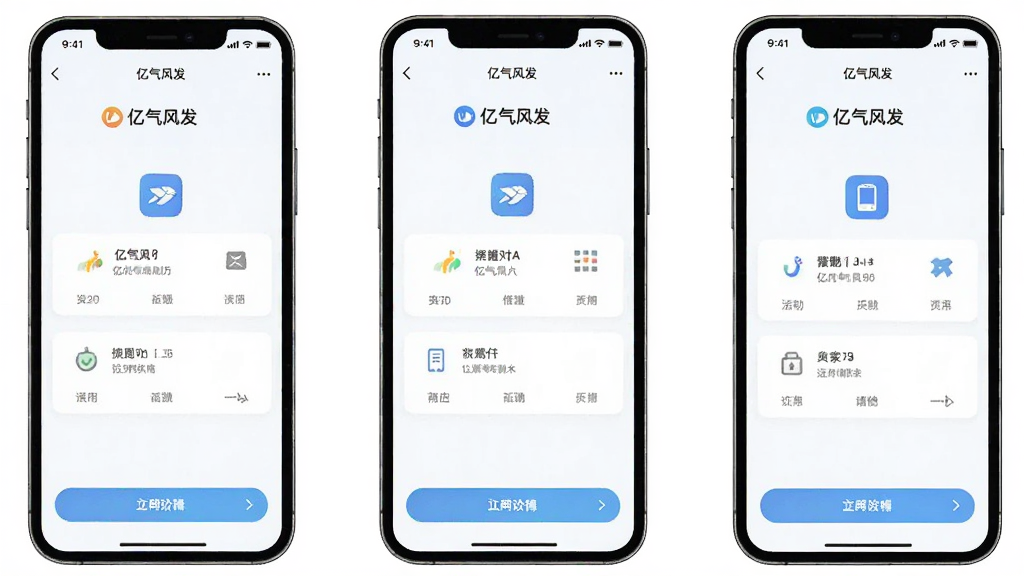 一张横向构图的手机应用功能展示图,画面中并排展示三部手机,分别呈现
