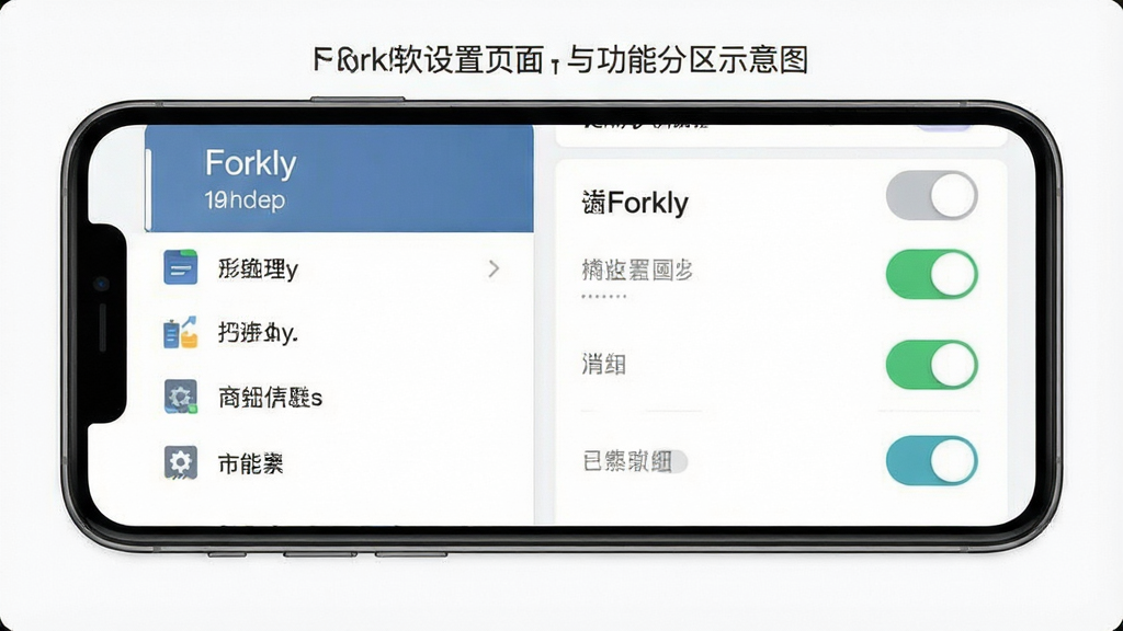 Forkly��������ҳ���빦�ܷ���ʾ��ͼ������Ϊ�ֻ�����չʾ�����Ĳ˵��б��뿪�ؿؼ����������ҷ���������Լ����ϸ�ڱ���ͼ��ͳһ�����ֶ��룬���ʸɾ�����