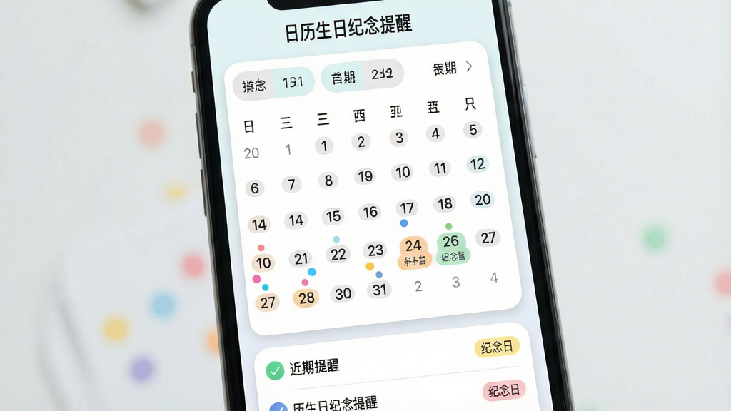 一张手机屏幕展示日历生日纪念提醒软件主界面的图片,画面中央是简洁的日历网格,日期下方带有彩色圆点标记生日与纪念日,顶部显示软件名称“日历生日纪念提醒”,布局为上下结构,上方为月份切换栏,中部为日历主体,下方为近期提醒列表,风格为清新浅色扁平化设计,细节包含圆角卡片、柔和阴影、彩色标签,画质清晰干净,无多余元素
