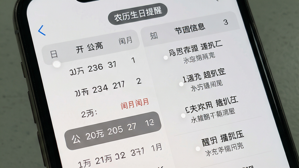 一张展示日历生日纪念提醒农历设置界面的图片,画面主体为手机屏幕上的日期选择面板,左侧为公历日期列表,右侧为对应农历日期与节气信息,顶部有“农历生日提醒”字样标签,布局为左右分栏结构,风格为素雅极简浅灰质感,细节包含农历月份标注、闰月提示、选中状态高亮,画质清晰干净,无多余元素