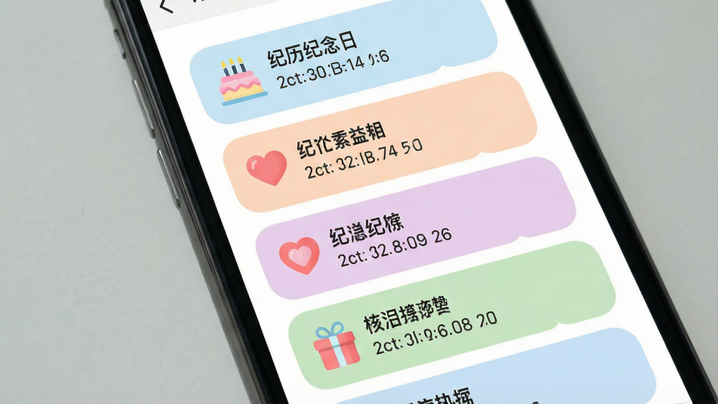 一张展示日历生日纪念提醒分类管理界面的图片,画面为手机屏幕上的彩色标签卡片列表,每张卡片包含图标、纪念日名称与倒计时天数,布局为纵向卡片流,风格为柔和圆角清新配色,细节包含生日蛋糕图标、爱心图标、礼物图标等分类标识,画质清晰干净,无多余元素