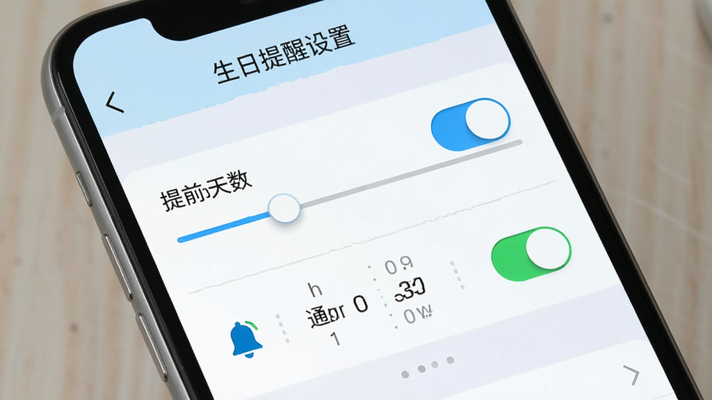 一张展示日历生日纪念提醒通知提醒设置的图片,画面为手机屏幕上的设置面板,包含提前天数选择滑块与通知开关按钮,顶部显示“生日提醒设置”标题,布局为上下分区结构,风格为简约商务浅蓝配色,细节包含开关拨动状态、时间选择器、铃铛图标,画质清晰干净,无多余元素
