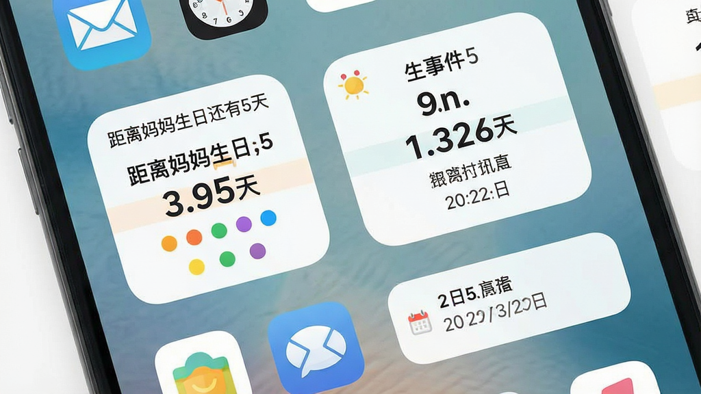 一张展示日历生日纪念提醒桌面小组件的图片,画面为手机主屏幕上的方形与长条形小组件,显示“距离妈妈生日还有5天”等文字信息与彩色圆点标记,布局为桌面图标与小组件混排,风格为清爽素雅扁平化,细节包含倒计时数字、事件名称、日期标注,画质清晰干净,无多余元素