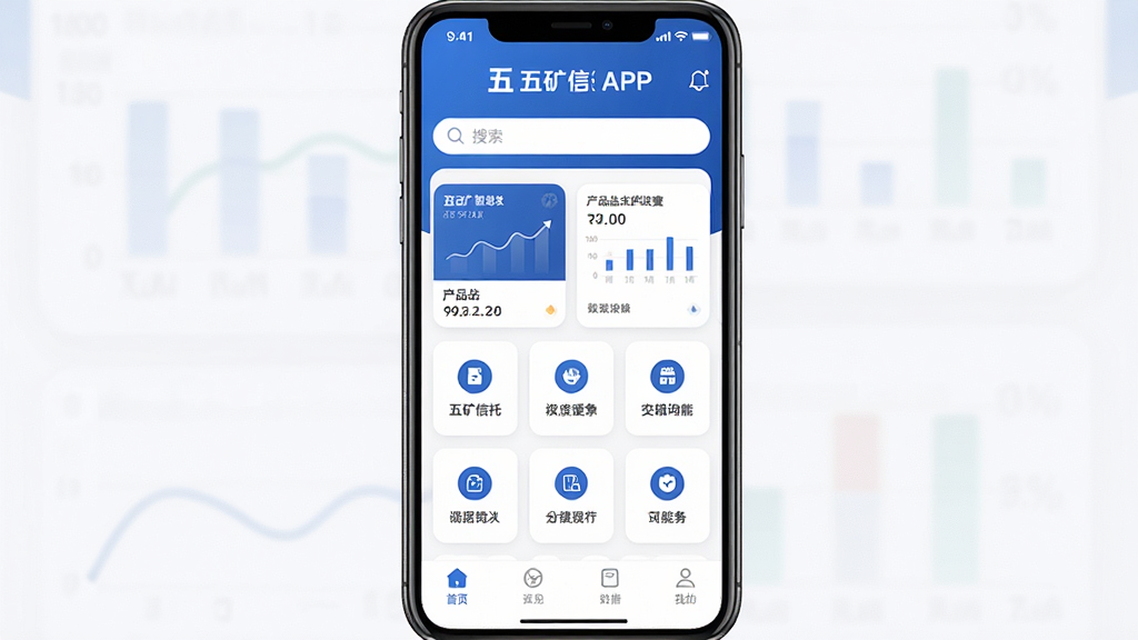 一张手机屏幕展示五矿信托APP首页界面,主体为手机正视图居中摆放,布局上方为品牌标识与搜索栏,中部为产品卡片与功能图标网格,下方为导航栏,排版整齐对称,风格为现代金融科技简约风,细节包含蓝色主色调、白色背景、卡片圆角、数据图表元素,画质高清、画面干净、无多余元素