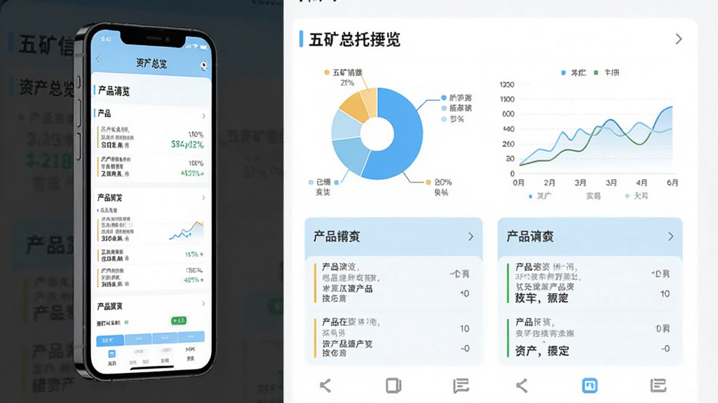 一张手机界面展示五矿信托APP资产总览页面,主体为手机侧视图靠左,布局右侧为数据图表与列表说明,排版左图右文,风格为清新商务风,细节包含饼状图、折线图、产品列表卡片、浅蓝配色、白色背景,画质高清、画面干净、无多余元素