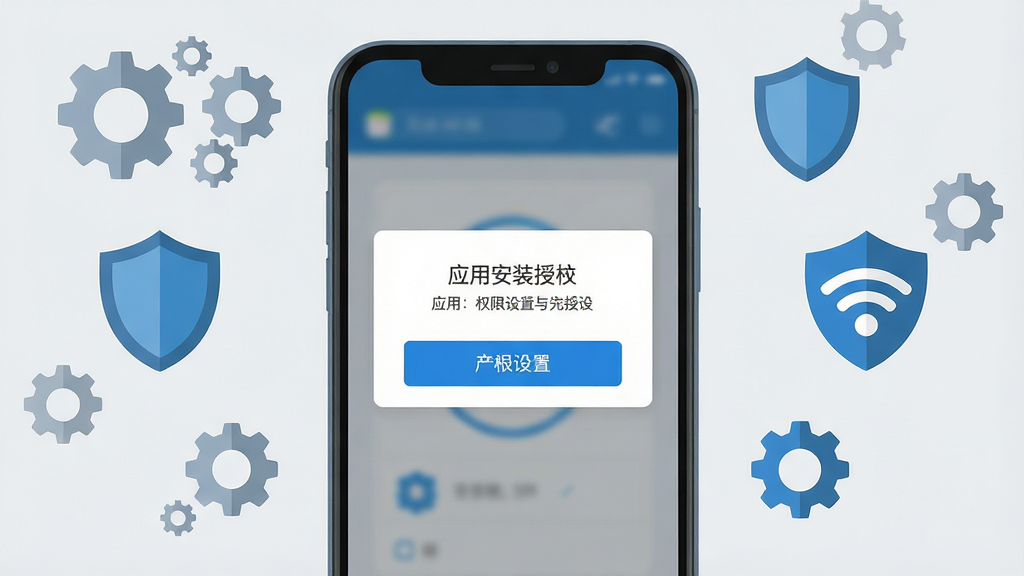 一张手机应用安装与权限设置示意图,主体为手机屏幕展示权限授权弹窗居中,布局四周环绕齿轮、盾牌、Wi-Fi图标,排版中心对称,风格为扁平化科技风,细节包含蓝色按钮、白色弹窗、浅灰背景,画质高清、画面干净、无多余元素