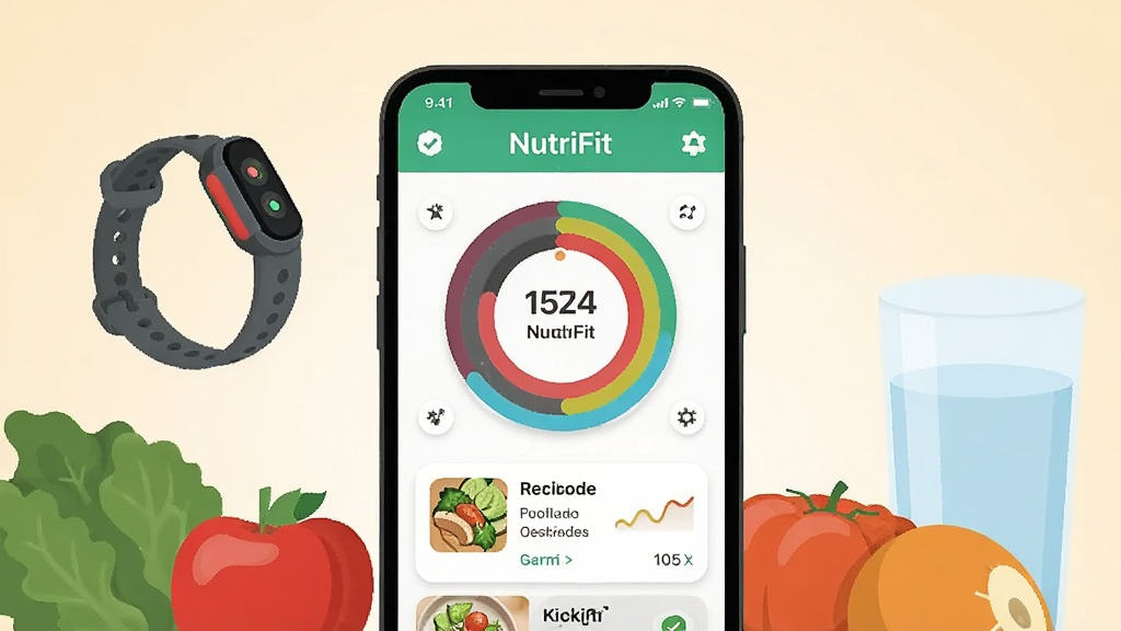 画面中央放置一部智能手机,屏幕显示 NutriFit 应用主界面,包含环形健康数据图表与饮食记录卡片,手机周围环绕新鲜蔬果、运动手环与一杯清水,背景为浅米色渐变,布局采用居中对称构图,风格为清爽扁平化插画,细节突出界面图标与数据曲线,画质清晰干净,无多余元素