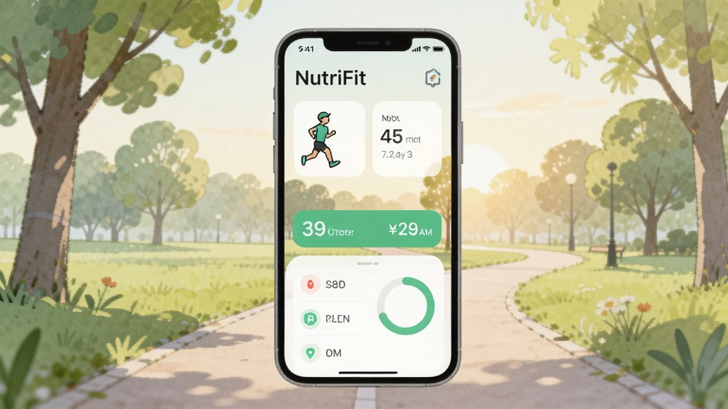 手机屏幕显示 NutriFit 运动追踪界面,画面中有跑步小人与步数统计条,背景为清晨公园步道,整体布局为手机居中、环境元素环绕,风格为轻盈手绘插画,细节突出运动数据卡片与进度环,画质柔和干净,无多余元素