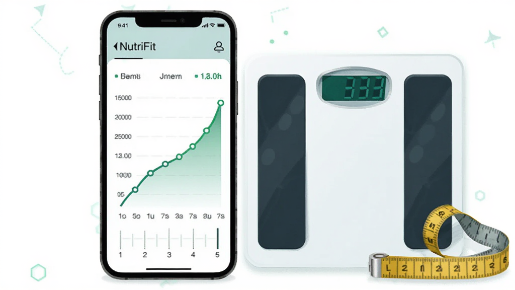 一部手机竖立展示 NutriFit 身体数据趋势页面,折线图平滑上升,旁边放置电子体重秤与软尺,布局为手机居中偏左、道具点缀右侧,风格为简约科技感插画,细节呈现图表刻度与数据点,画质清晰干净,无多余元素