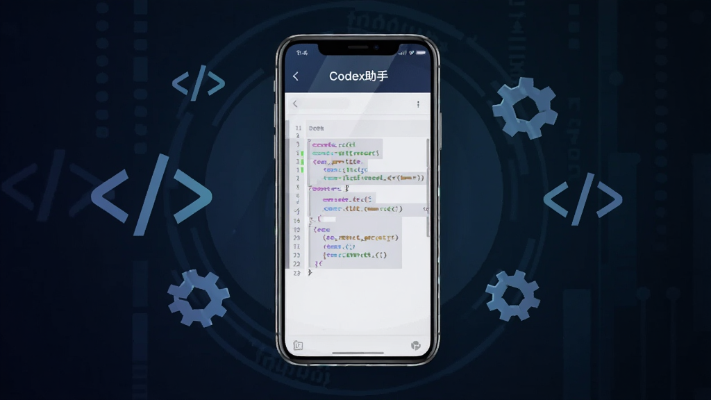 �����������һ�������ֻ����ֻ���Ļ����ʾ���Ĵ���༭�����롰Codex���֡�����������Ϊ��ɫ�Ƽ��н��䣬��Χ���ƴ�����������ͼ�꣬���ֲ��þ��жԳƹ�ͼ�����Ϊ��ƽ���ִ��Ƽ��磬ϸ�ڰ����ֻ���Ե�ĸ߹ⷴ���������Ӱ�����������ɾ����޶���Ԫ��