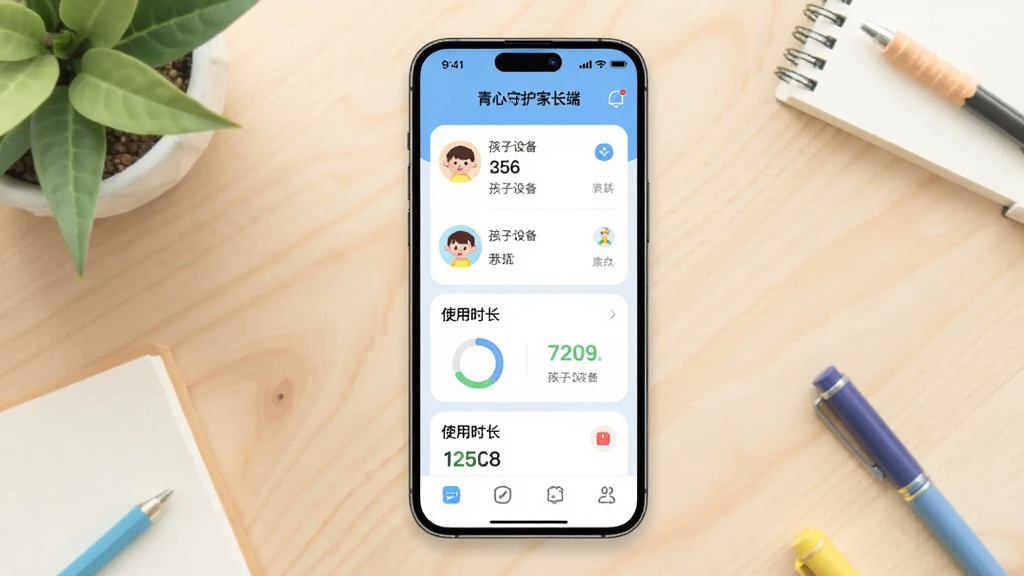 画面主体为一款智能手机屏幕,屏幕中央显示“青心守护家长端”应用主界面,界面包含孩子设备列表与使用时长卡片,布局为手机居中放置于浅色木质桌面,周围点缀绿植与文具,排版简洁清晰,风格为现代扁平化UI插画,细节包含柔和的圆角图标与数据环形图,画质高清、干净、无多余元素