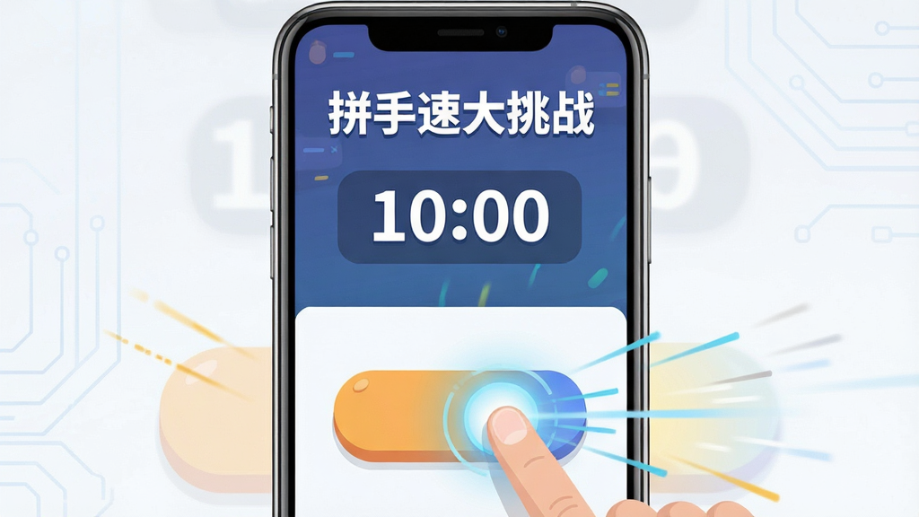 主体为一部智能手机居中放置,屏幕显示“拼手速大挑战”游戏界面,包含大按钮与倒计时数字;布局采用上下分层,上方标题下方操作区;排版简洁居中;风格为清爽扁平化科技感;细节包含手指点击按钮的动态光效与速度线条;画质高清干净无多余元素