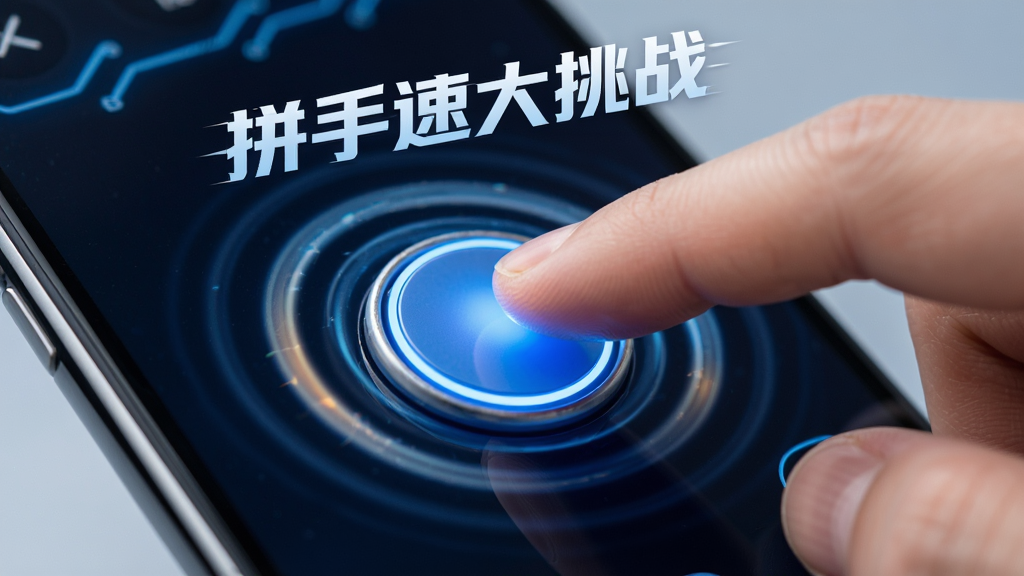 主体为一只手指快速点击手机屏幕中央的圆形按钮,按钮周围环绕速度光环;布局为特写居中构图;排版突出按钮与手指;风格为动感科技风;细节包含点击产生的波纹扩散与“拼手速大挑战”字样;画质清晰干净无多余元素