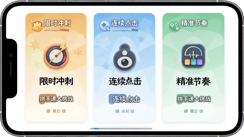 主体为手机屏幕内并列展示三种游戏模式卡片,分别标注“限时冲刺”“连续点击”“精准节奏”;布局为三卡片纵向排列;排版整齐清晰;风格为清新卡片式设计;细节包含每种模式的图标与“拼手速大挑战”标题;画质高清干净无多余元素
