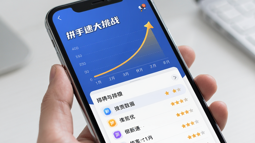主体为手机屏幕显示成绩统计图表与排行榜列表,图表呈上升曲线;布局为上图表下排行;排版数据清晰;风格为简约数据可视化风;细节包含“拼手速大挑战”字样与星级评分图标;画质干净清晰无多余元素
