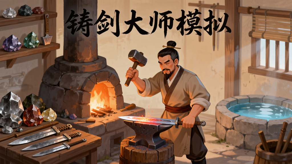 画面中央一位古代铸剑师在炉火旁挥锤锻打剑坯,背景为古朴的中式铸剑工坊,左侧摆放各类矿石与半成品剑胚,右侧为淬火水池,整体采用暖色调国风插画风格,细节丰富,画质清晰干净,无多余元素,图片上方用毛笔字体写