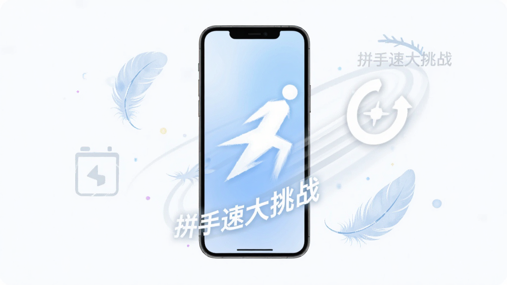 主体为手机与轻量羽毛、速度符号组合,象征软件轻快;布局为手机居中、元素环绕;排版简洁;风格为轻盈简约风;细节包含“拼手速大挑战”小字标识与存储空间图标;画质干净无多余元素