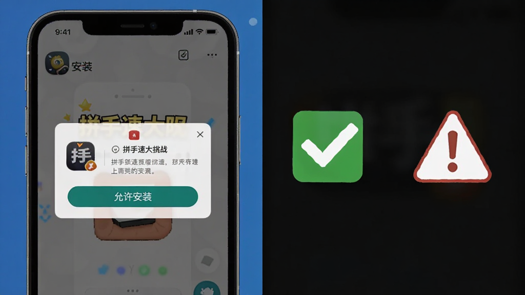 主体为手机安装界面与权限弹窗示意,旁侧标注勾选与警告图标;布局为左右分栏;排版清晰;风格为教程图示风;细节包含“拼手速大挑战”安装包图标与“允许安装”按钮;画质干净无多余元素
