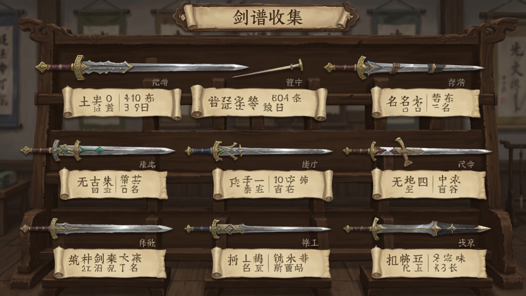 展示铸剑大师模拟中的剑谱收集界面,画面中陈列多把不同造型的古代名剑,每把剑旁标注名称与属性,背景为古色古香的木质展架,整体风格典雅,布局整齐,画质清晰干净