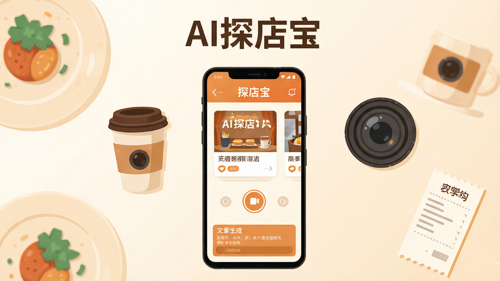 画面中央放置一部竖屏安卓手机,手机屏幕上显示“AI探店宝”应用主界面,界面包含门店卡片、拍摄按钮与文案生成区域,手机周围环绕餐盘、咖啡杯、相机镜头与小票等探店元素,整体采用扁平化插画风格,配色以暖橙与米白为主,布局为居中构图、上方留出标题区域,细节包括界面图标清晰、元素边缘干净、背景为浅色渐变,画质高清,画面干净,无多余元素