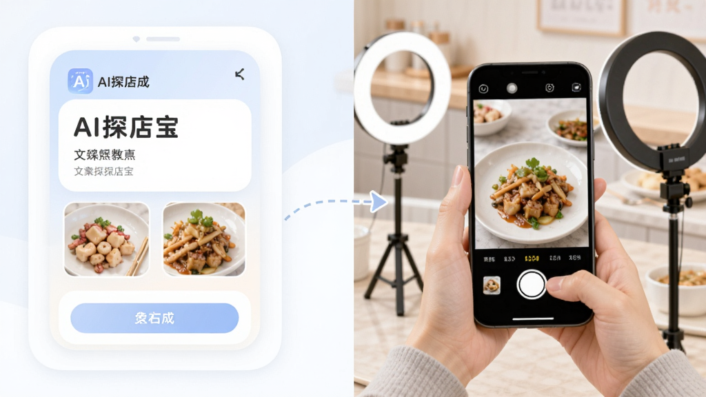 画面分为左右两部分,左侧为“AI探店宝”文案生成界面截图风格的插画,右侧为手持手机拍摄美食的场景,中间以虚线箭头连接,整体采用柔和圆角卡片式布局,风格清新浅色,细节包括界面文字块、菜品特写、拍摄支架与补光灯,画质清晰,画面干净,无多余元素