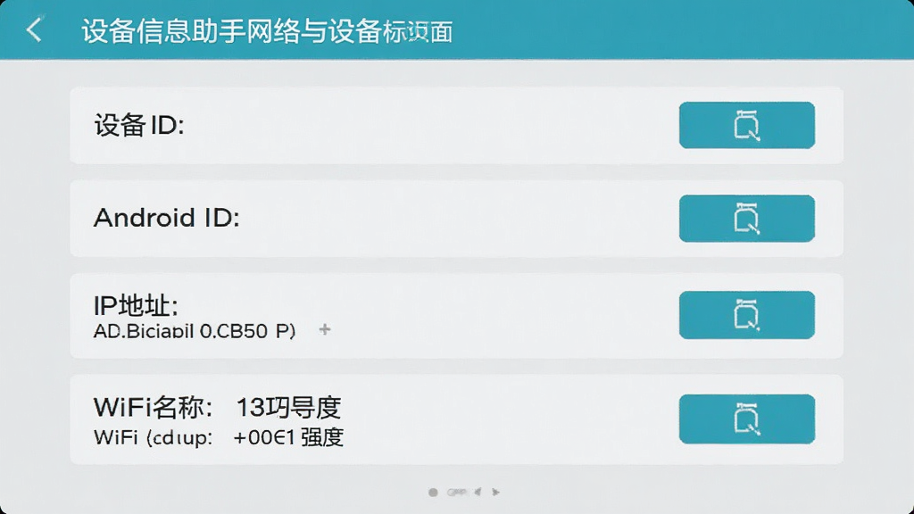 �豸��Ϣ�����������豸��ʶҳ�棬��Ļ�Ϸ�������ʾ�豸ID��Android ID��IP��ַ��WiFi�������ź�ǿ�ȵ���Ϣ��ÿ���ֶ��Ҳ���и��ư�ť�����沼�ֹ�������ɫ��ǳ�����������䣬�������������£�����ɾ����䣬����ϸ��