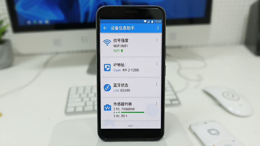 һ����׿�ֻ���Ļ��ʾ�豸��Ϣ���ֵ�������Ϣҳ�棬ҳ���г�WiFi���ơ��ź�ǿ�ȡ�IP��ַ������״̬���������б������ݣ�ÿ�����ж�Ӧͼ�꣬�������ǳɫ��Ƭʽ���֣������С��豸��Ϣ���֡�������������Ϊ�������滷���������ˬ������������������Ԫ��