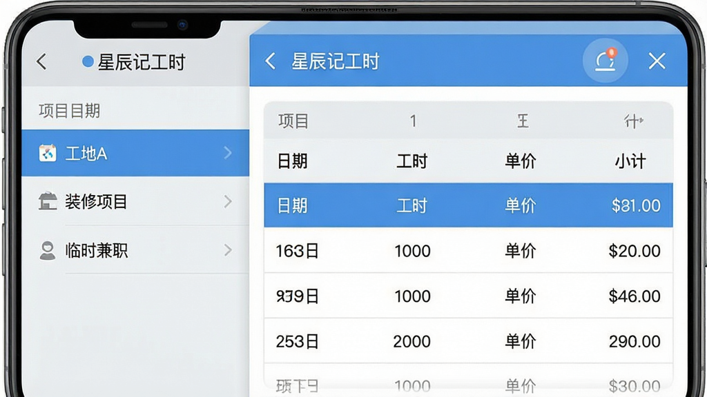 手机应用界面展示“星辰记工时”多项目账本管理页面,左侧为项目列表侧边栏,包含“工地A”“装修项目”“临时兼职”等条目,右侧主区域显示选中项目的工时明细表格,表格列有日期、工时、单价、小计,配色为浅灰与蓝色搭配,排版整齐,扁平化设计风格,画面干净清晰,画质细腻