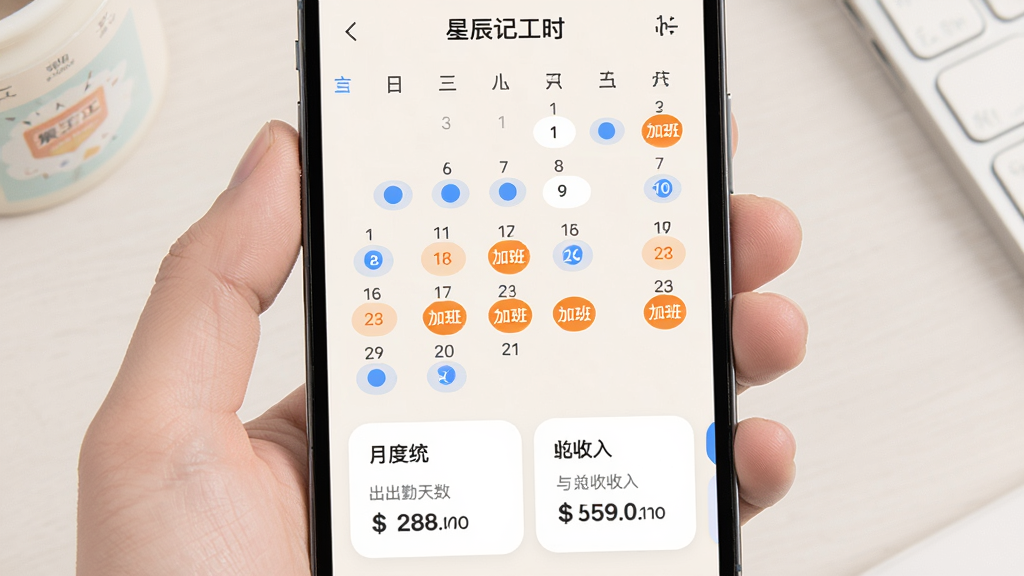 手机屏幕显示“星辰记工时”出勤日历界面,月历网格中部分日期带有蓝色圆点标记表示出勤,部分日期带有橙色标记表示加班,日历下方为月度统计卡片显示出勤天数与总收入,整体界面为浅色背景,圆角卡片设计,风格清新简洁,文字清晰,画质干净