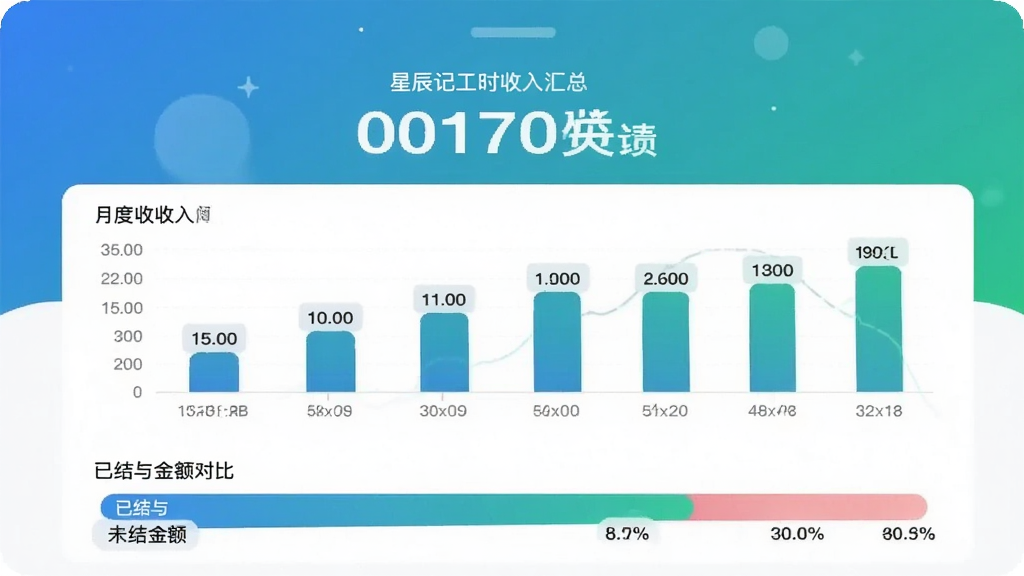手机应用统计页面展示“星辰记工时”收入汇总图表,顶部为月度总收入大数字,下方为柱状图按周展示收入变化,再下方为已结与未结金额对比条,界面采用蓝绿渐变配色,图表简洁明了,数据标签清晰,整体风格现代清爽,画质高清