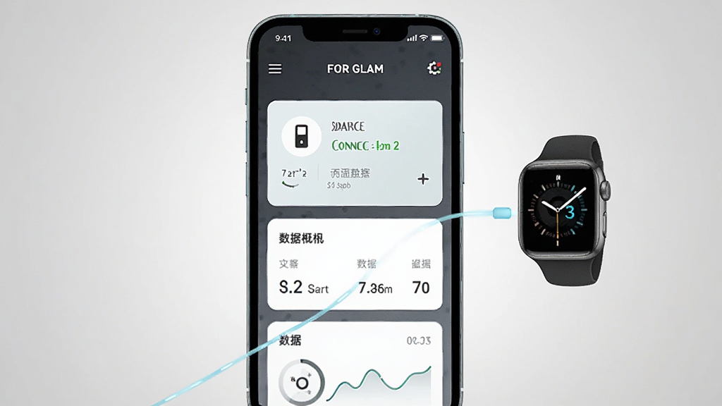 画面中央放置一部智能手机,屏幕显示 FOR GLAM 应用主界面,界面包含设备连接状态卡片与数据概览模块,手机右侧悬浮一只智能手表,两者之间用淡蓝色连接线示意,背景为浅灰渐变,整体采用扁平化科技风格,细节干净简洁,画质清晰,无多余装饰元素