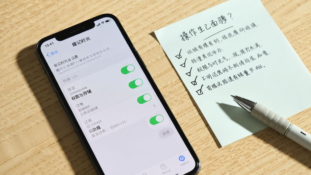 ����չʾһ���ֻ�ƽ�������棬��Ļ��ʾ��ͫ��ʱ�⡱����ҳ���е�Ȩ����洢ѡ��Ա߷���һ��д�в�������ı�ǩֽ��һ֧�ʣ�����Ϊǳɫľ�����棬��������������б�ษ�Ĺ�ͼ�����Ϊ�����Ʒ��Ӱ��ϸ�ڰ�����ǩ�ϵĹ�ѡ��ǡ��ֻ����濪�ء��ʵ���Ӱ����������������ɾ����޶���Ԫ��