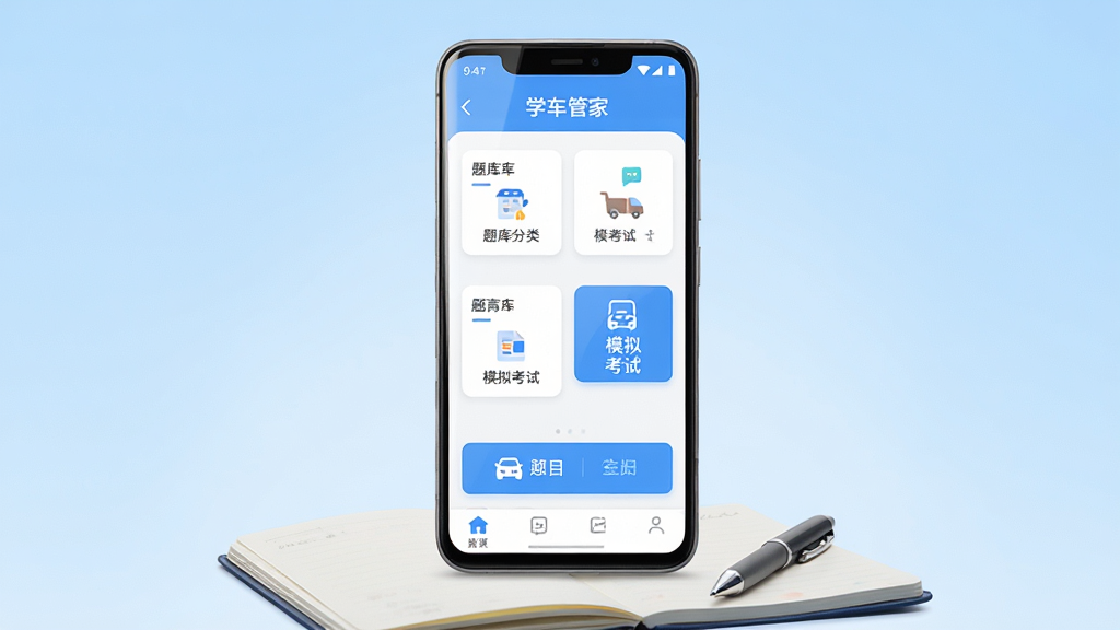 ����Ϊһ����׿�ֻ����з��ã���Ļ����ʾѧ���ܼ�APP��ҳ���棬������������ģ�⿼����ڣ�����Ϊ�ֻ�����ƽ�ӣ�����Ϊǳ�����䴿ɫ���Ű�����У��ֻ��·���һ��������С�ʼǱ���һ֧�ʣ����Ϊ��ˬ��ƽ��UIչʾ�磻ϸ��Ϊ�ֻ��߿�Բ����Ļ�߹���Ȼ��ͼ�����������ʸ��塢����ɾ����޶���Ԫ��