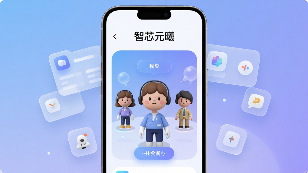 画面主体是一部竖屏智能手机,屏幕中央展示智芯元曦应用的三维虚拟社交场景界面,包含卡通数字人形象与悬浮功能按钮;布局采用居中对称构图,手机两侧漂浮若干半透明UI卡片与图标;排版简洁,顶部留白放置软件名称文字;风格为现代科技感与清新扁平化结合;细节包括柔和的蓝紫渐变背景、细腻的玻璃拟态面板、圆角图标与轻微光晕;画质高清,干净整洁,无多余元素