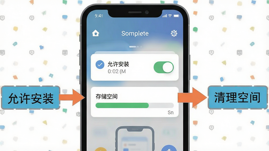 一张展示手机游戏安装设置界面的示意图,画面中有一部手机屏幕显示权限开关和存储空间条,旁边有箭头指向「允许安装」和「清理空间」两个标注框,布局为手机居中、标注分列两侧,风格为扁平化信息图,细节包括图标样式、文字标注和进度条,画质清晰干净,无多余元素