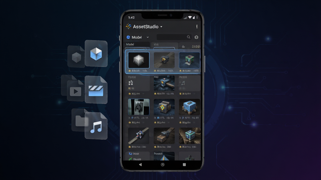 һ��չʾ AssetStudio ��������ĸ���ͼ����������Ϊһ��������׿�ֻ�����Ļ���������Դ�б�������ͼ���񲼾֣�������������ļ�����ͼ����ģ�͡���ͼ����Ƶ������Ϊ��ɫ�Ƽ��н��䣬������ִ���ϸ�ڰ�����͸����Ƭ�����ѡ��״̬�����������ɾ����޶���װ��Ԫ��
