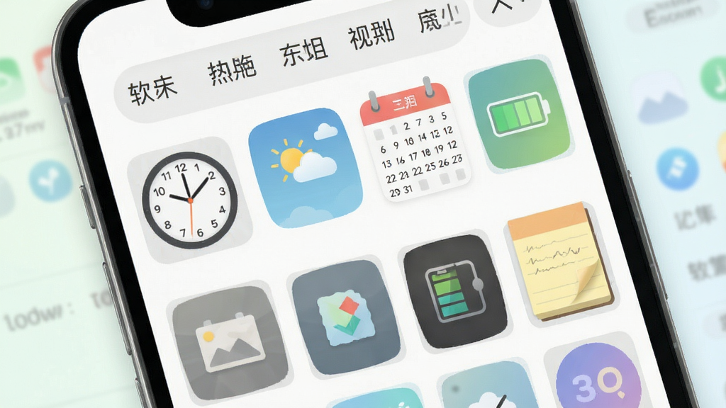 一张展示软件内部小组件资源库界面的效果图,画面中是一个手机屏幕,屏幕内以网格形式排列着各式各样的小组件缩略图,包括时钟、天气、日历、电量、便签等类别,界面顶部有分类标签栏,整体风格清爽简洁,色彩柔和,画质清晰,干净无多余元素