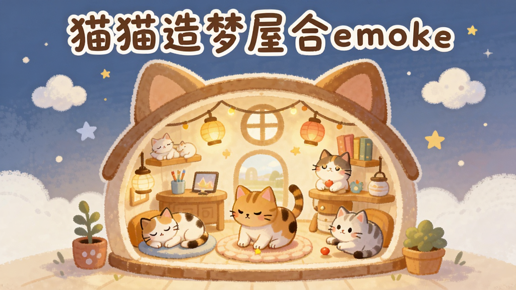 画面中央是一座温馨的猫咪主题造梦屋,屋顶呈圆润的猫耳造型,屋内摆放着多个不同形态的猫咪角色,有的在打盹有的在玩耍,整体布局错落有致,采用柔和暖色调手绘插画风格,细节上加入星星、云朵、小灯笼等装饰元素,画质清晰干净,无多余杂乱元素,图片上方用圆润字体写着“猫猫造梦屋合emoke”